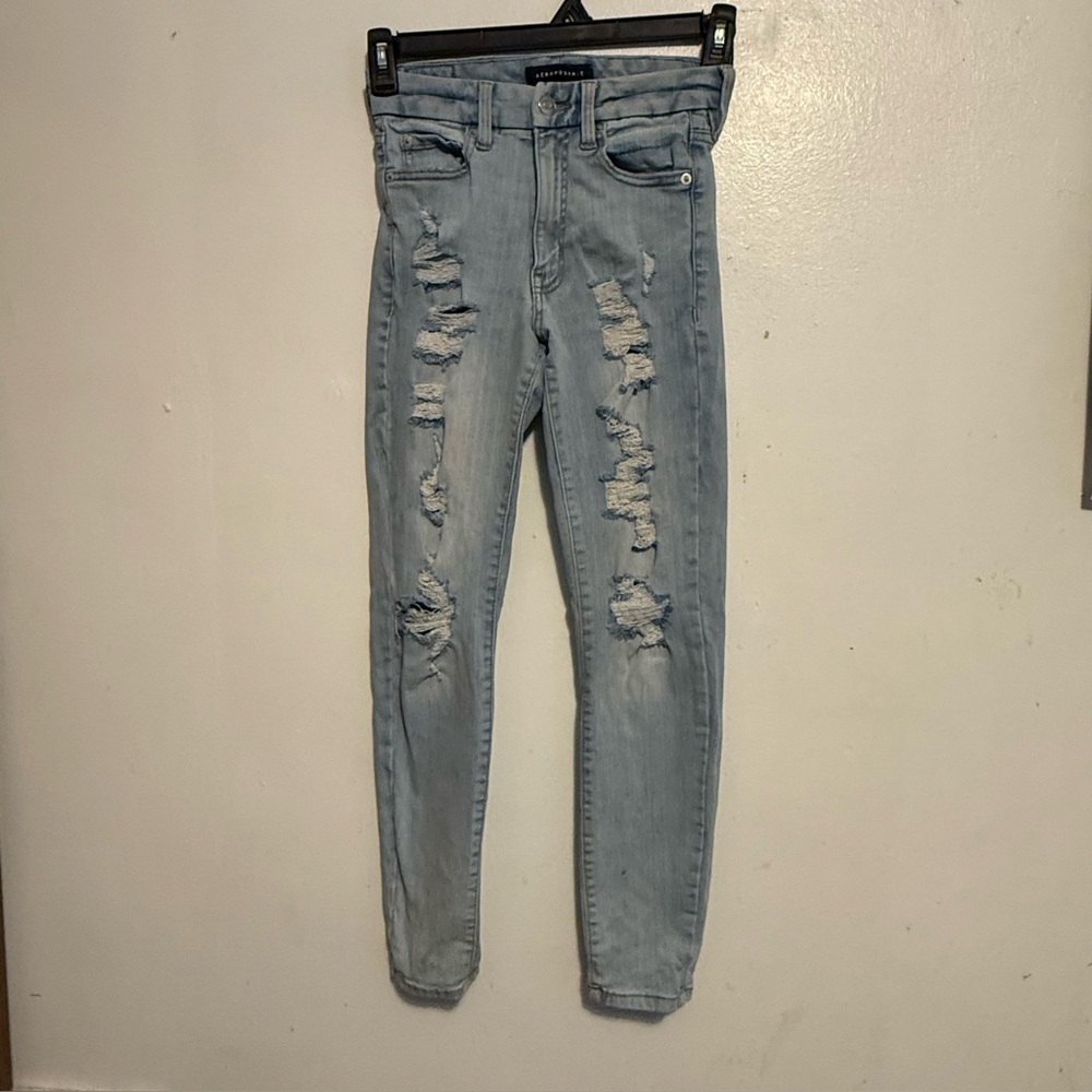 Aeropostale‎ Light Blue Distressed Women Jeans High Rise Curvy 2 Regular Ripped